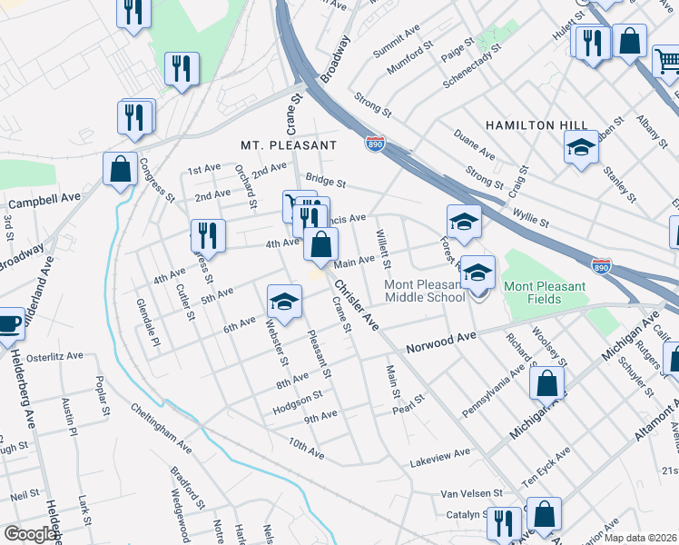 map of restaurants, bars, coffee shops, grocery stores, and more near 1001 Crane Street in Schenectady