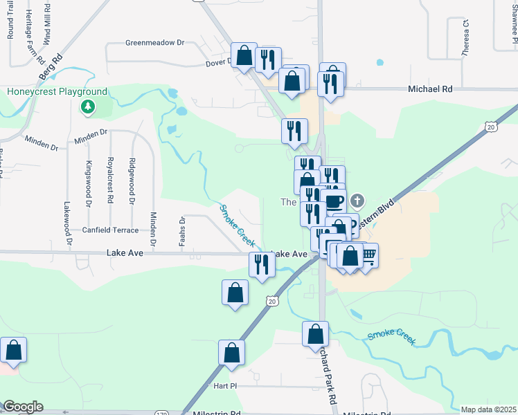 map of restaurants, bars, coffee shops, grocery stores, and more near 2 Creekside Drive in Orchard Park