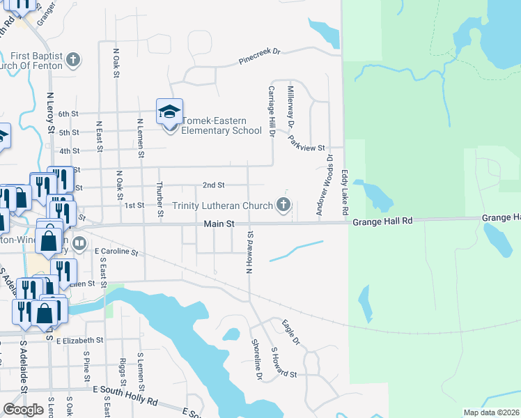 map of restaurants, bars, coffee shops, grocery stores, and more near 929 Main Street in Fenton