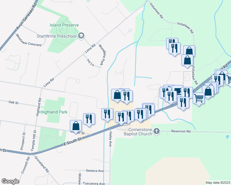 map of restaurants, bars, coffee shops, grocery stores, and more near Megan Drive in Geneseo
