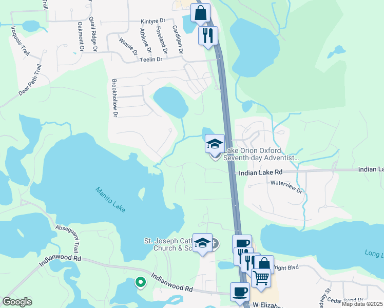 map of restaurants, bars, coffee shops, grocery stores, and more near 160 Manitou Lane in Oakland County