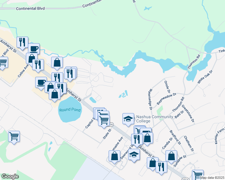 map of restaurants, bars, coffee shops, grocery stores, and more near 17 Blackstone Drive in Nashua