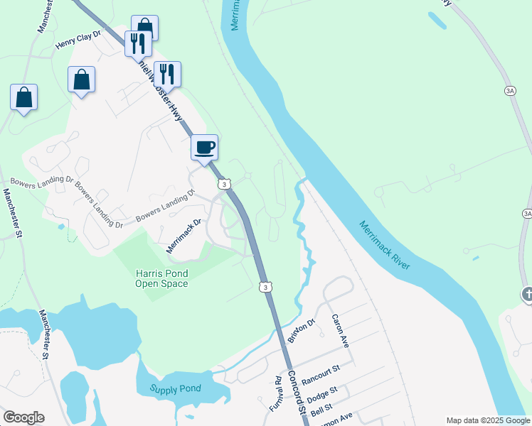 map of restaurants, bars, coffee shops, grocery stores, and more near 25-41 Daniel Webster Hwy in Merrimack