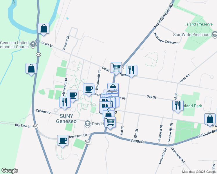 map of restaurants, bars, coffee shops, grocery stores, and more near 28 Main Street in Geneseo