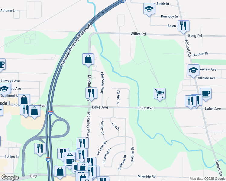 map of restaurants, bars, coffee shops, grocery stores, and more near 3214 South Lyth Road in Buffalo