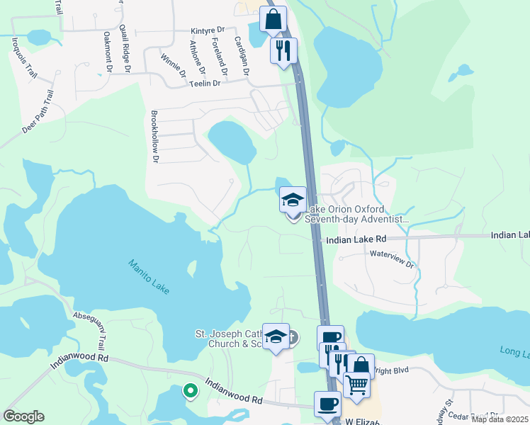map of restaurants, bars, coffee shops, grocery stores, and more near 160 Manitou Lane in Oakland County
