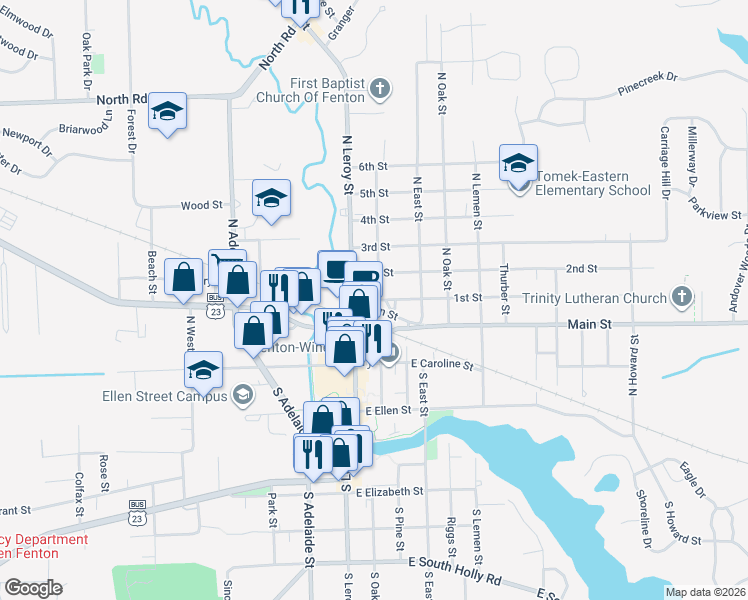 map of restaurants, bars, coffee shops, grocery stores, and more near 110 1st Street in Fenton