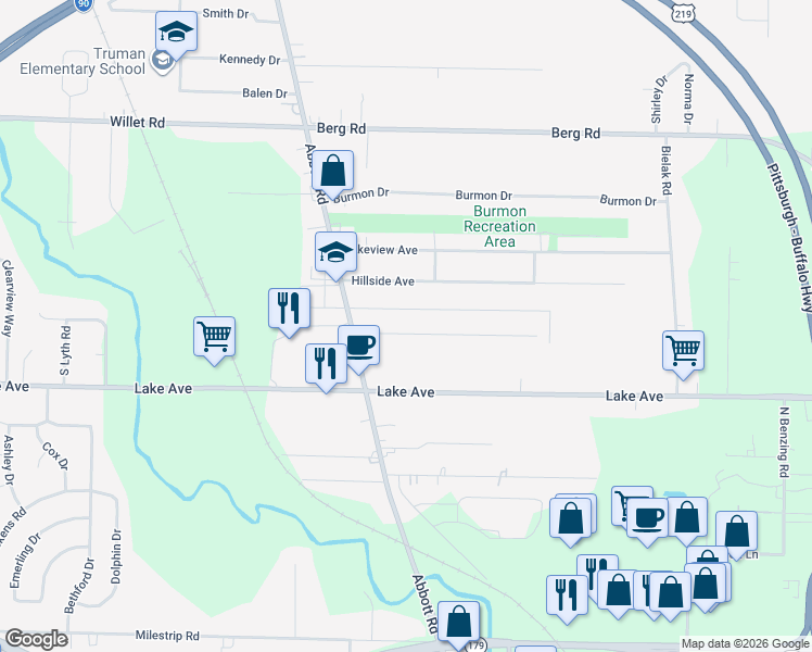 map of restaurants, bars, coffee shops, grocery stores, and more near 85 Velore Avenue in Orchard Park