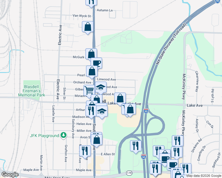 map of restaurants, bars, coffee shops, grocery stores, and more near 4246 Oakwood Avenue in Buffalo