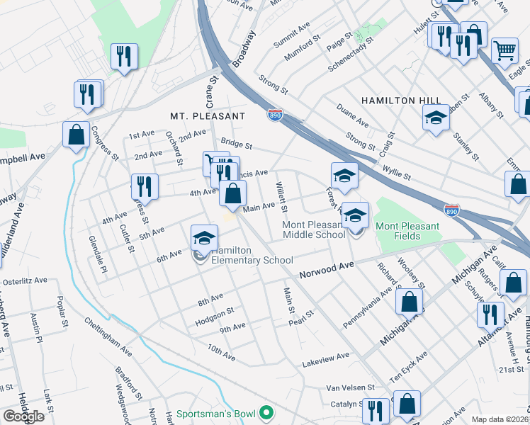 map of restaurants, bars, coffee shops, grocery stores, and more near 1104 Howard Street in Schenectady
