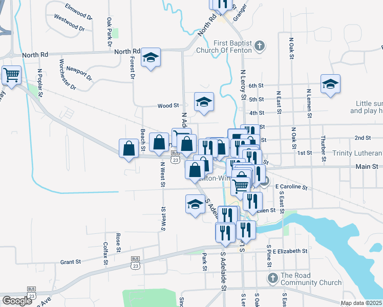 map of restaurants, bars, coffee shops, grocery stores, and more near 205 Lincoln Street in Fenton