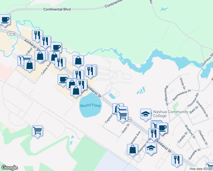 map of restaurants, bars, coffee shops, grocery stores, and more near 298A Blackstone Drive in Nashua