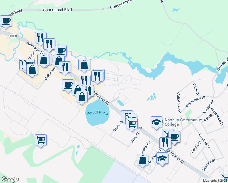 map of restaurants, bars, coffee shops, grocery stores, and more near 298A Blackstone Drive in Nashua