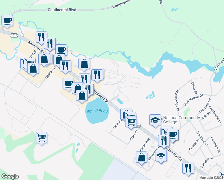 map of restaurants, bars, coffee shops, grocery stores, and more near 298A Blackstone Drive in Nashua