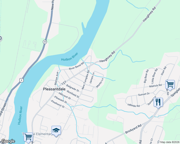 map of restaurants, bars, coffee shops, grocery stores, and more near 12 James Lane in Troy