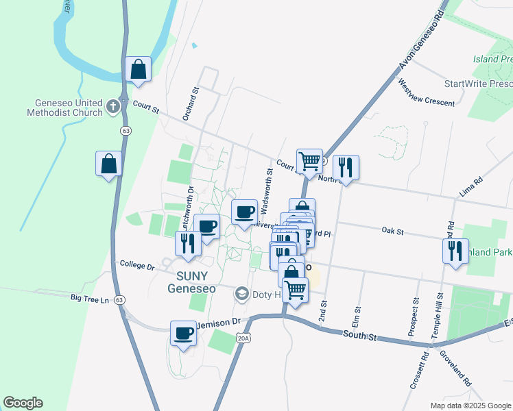 map of restaurants, bars, coffee shops, grocery stores, and more near 31 Wadsworth Street in Geneseo