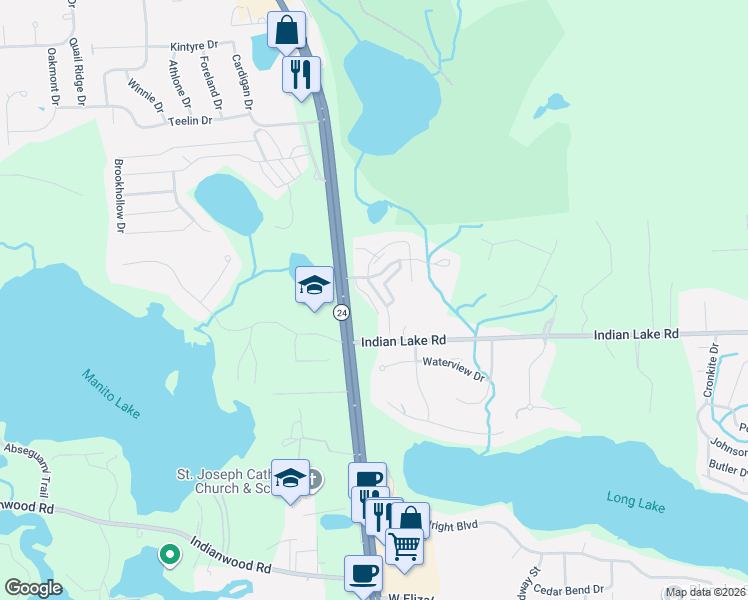 map of restaurants, bars, coffee shops, grocery stores, and more near 101 Indian Lake Road in Oakland County
