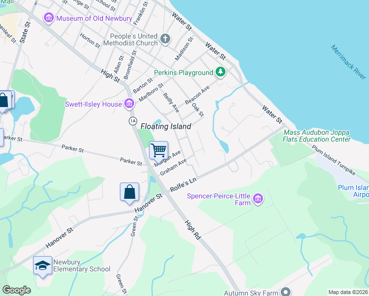 map of restaurants, bars, coffee shops, grocery stores, and more near 6 South Pond Street in Newbury