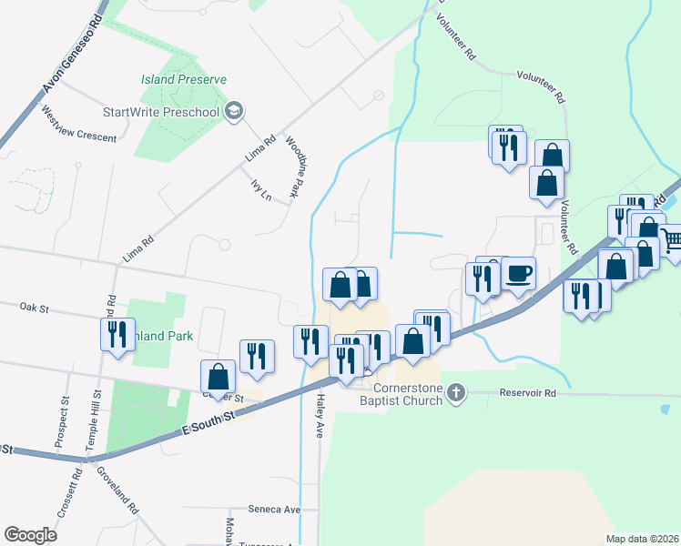 map of restaurants, bars, coffee shops, grocery stores, and more near Megan Drive in Geneseo