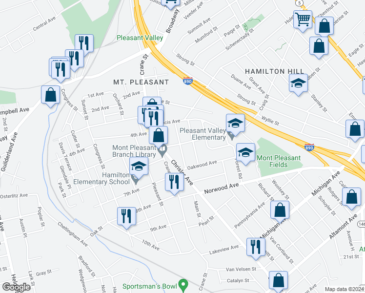 map of restaurants, bars, coffee shops, grocery stores, and more near 1061 Howard Street in Schenectady