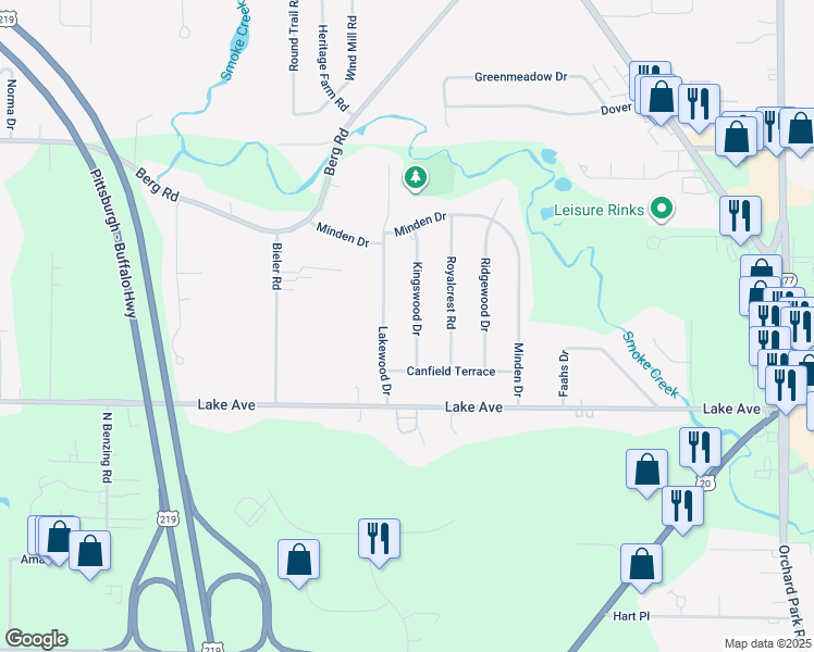 map of restaurants, bars, coffee shops, grocery stores, and more near 17 Kingswood Drive in Orchard Park