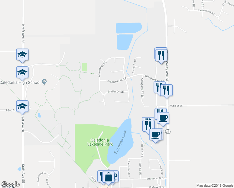 map of restaurants, bars, coffee shops, grocery stores, and more near 6118 Statler Drive Southeast in Caledonia