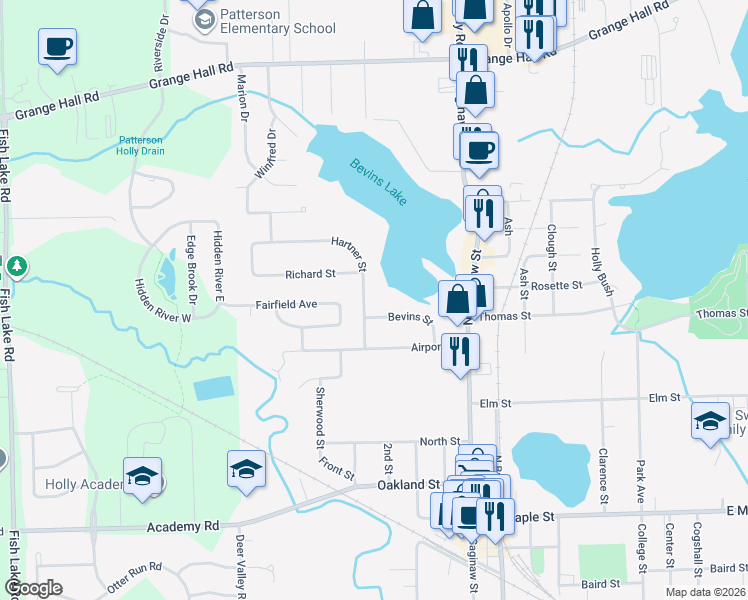 map of restaurants, bars, coffee shops, grocery stores, and more near 604 Hartner Street in Holly
