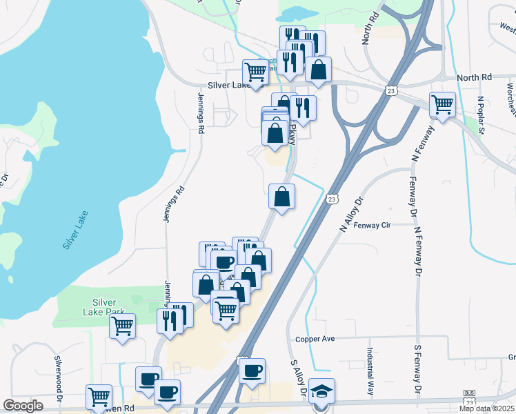 map of restaurants, bars, coffee shops, grocery stores, and more near 16300 Silver Parkway in Fenton