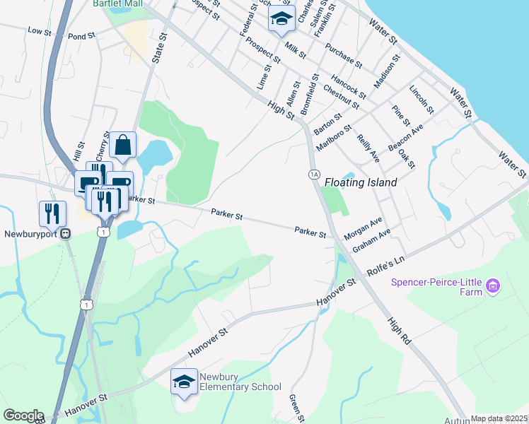 map of restaurants, bars, coffee shops, grocery stores, and more near 30R Parker Street in Newbury
