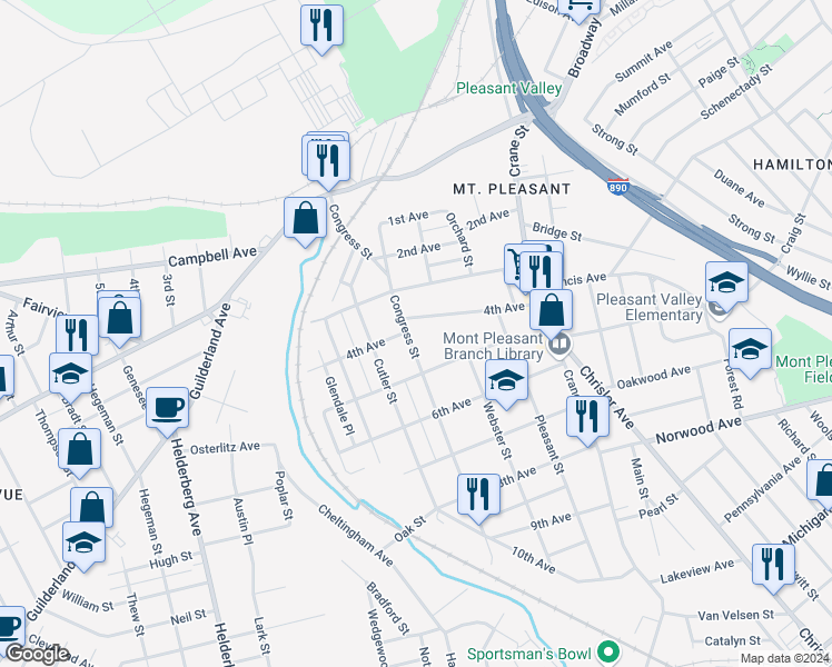 map of restaurants, bars, coffee shops, grocery stores, and more near 1348 4th Avenue in Schenectady
