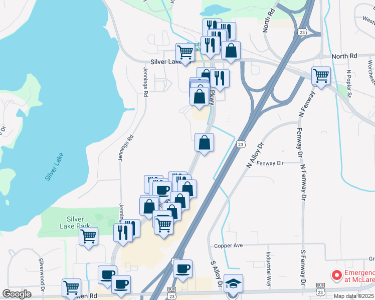 map of restaurants, bars, coffee shops, grocery stores, and more near 16000 Silver Parkway in Fenton