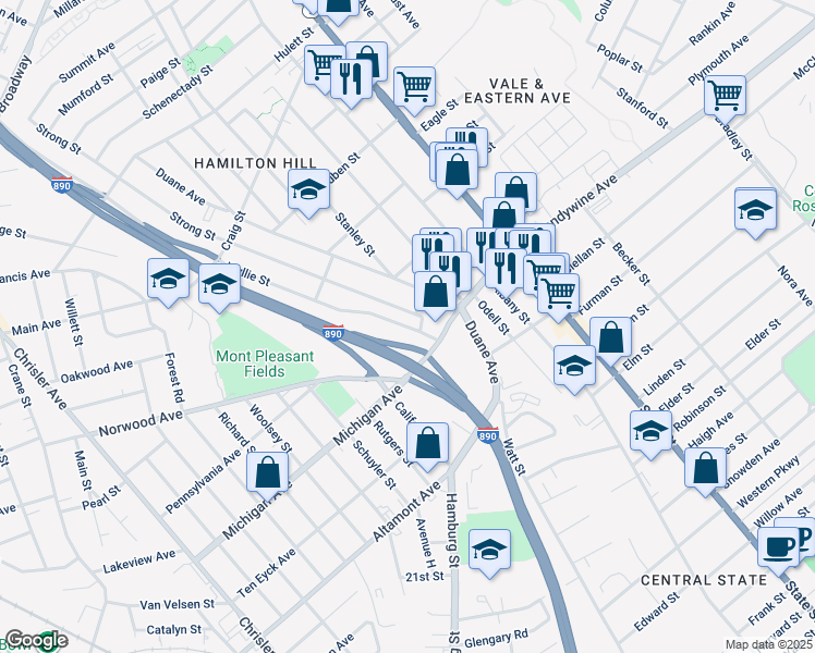 map of restaurants, bars, coffee shops, grocery stores, and more near 73 Wyllie St in Schenectady