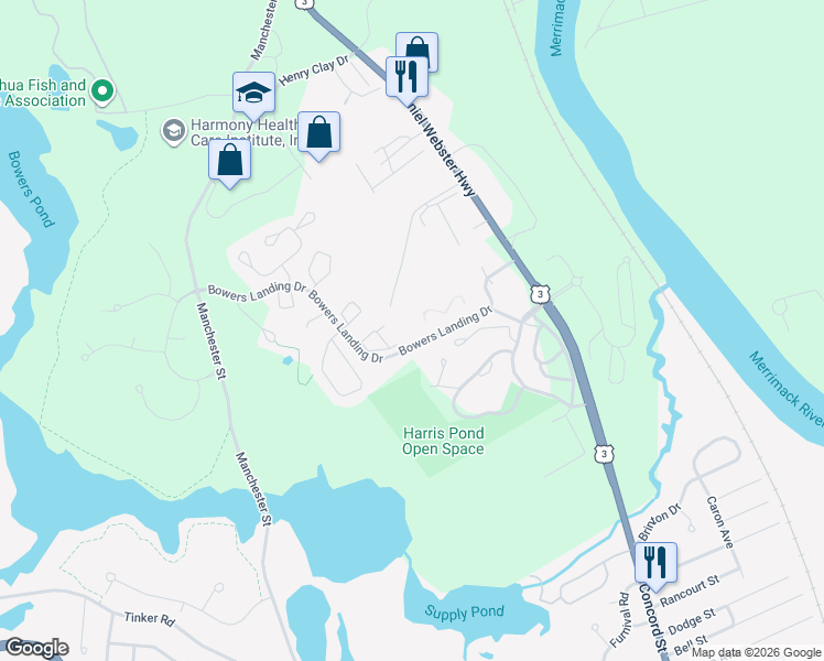 map of restaurants, bars, coffee shops, grocery stores, and more near 11 Bowers Landing Drive in Merrimack