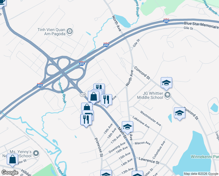 map of restaurants, bars, coffee shops, grocery stores, and more near 96 Winona Avenue in Haverhill