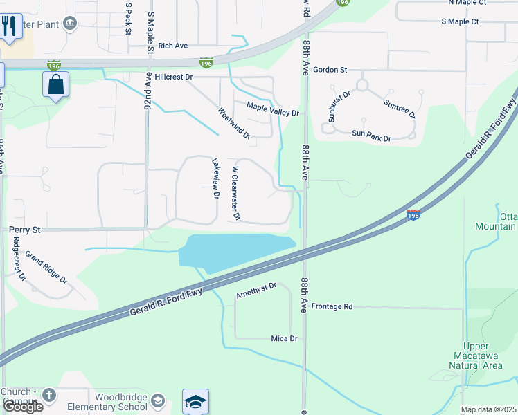 map of restaurants, bars, coffee shops, grocery stores, and more near 1689 South Clearwater Drive in Zeeland