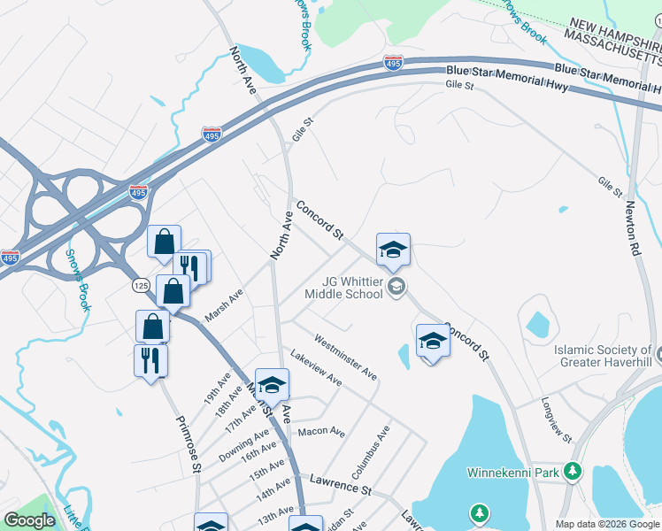 map of restaurants, bars, coffee shops, grocery stores, and more near 77 Crosby Street in Haverhill