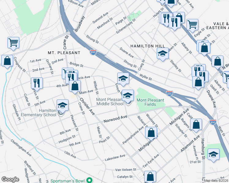 map of restaurants, bars, coffee shops, grocery stores, and more near 818 Main Avenue in Schenectady