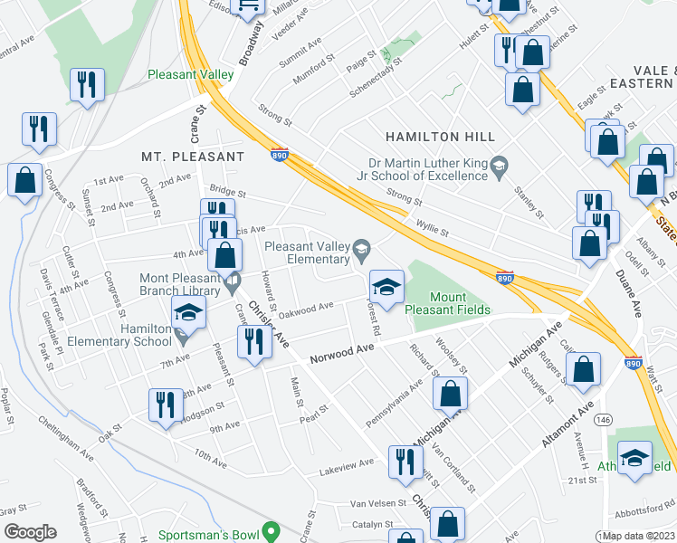 map of restaurants, bars, coffee shops, grocery stores, and more near 818 Main Avenue in Schenectady