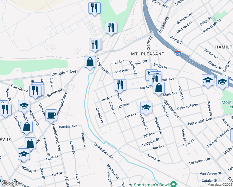 map of restaurants, bars, coffee shops, grocery stores, and more near 1348 4th Avenue in Schenectady