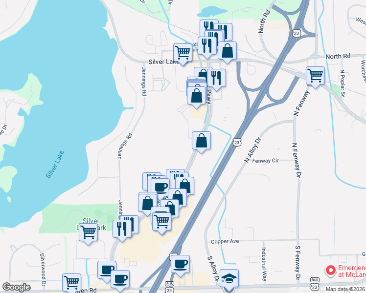 map of restaurants, bars, coffee shops, grocery stores, and more near 16300 Silver Parkway in Fenton