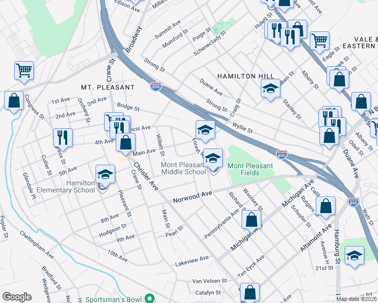 map of restaurants, bars, coffee shops, grocery stores, and more near 818 Main Avenue in Schenectady
