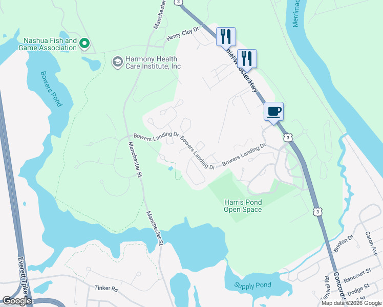 map of restaurants, bars, coffee shops, grocery stores, and more near 1 Esquire Lane in Merrimack