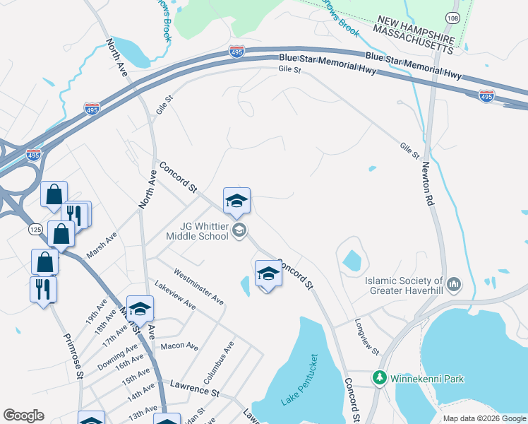 map of restaurants, bars, coffee shops, grocery stores, and more near 5 Tamarac Drive in Haverhill