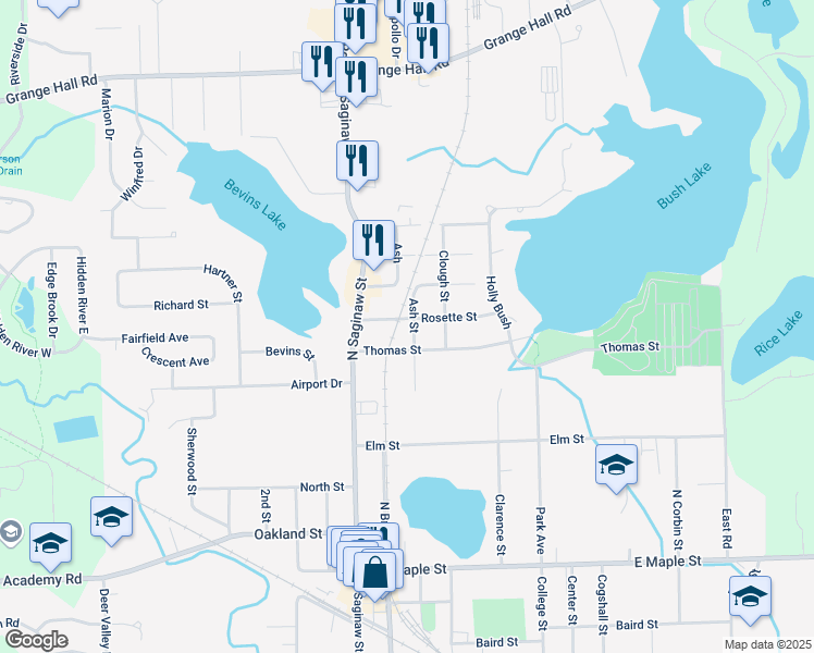 map of restaurants, bars, coffee shops, grocery stores, and more near 603 Ash Street in Holly