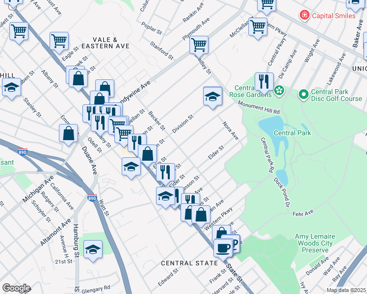 map of restaurants, bars, coffee shops, grocery stores, and more near 132 Elm Street in Schenectady