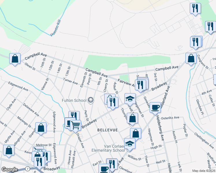 map of restaurants, bars, coffee shops, grocery stores, and more near 221 Cherry Street in Schenectady