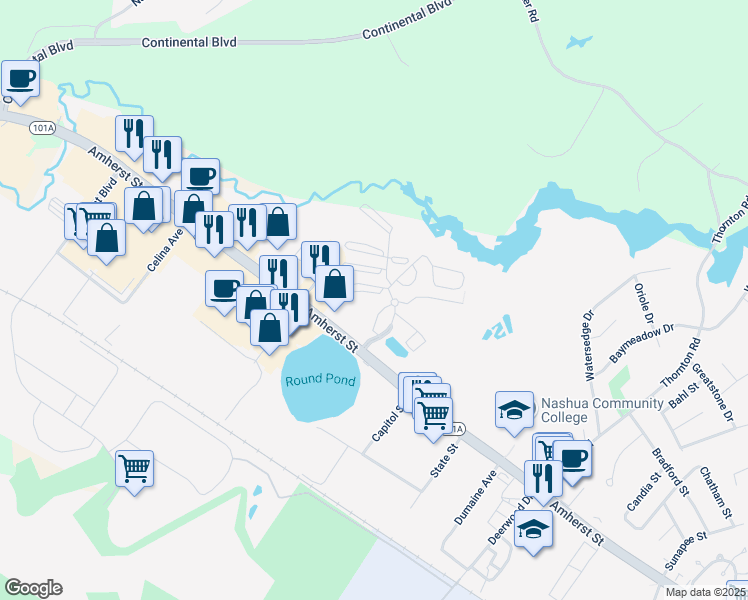 map of restaurants, bars, coffee shops, grocery stores, and more near 2 Roedean Drive in Nashua