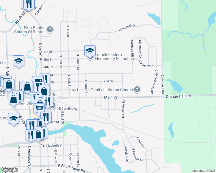 map of restaurants, bars, coffee shops, grocery stores, and more near 720 2nd Street in Fenton