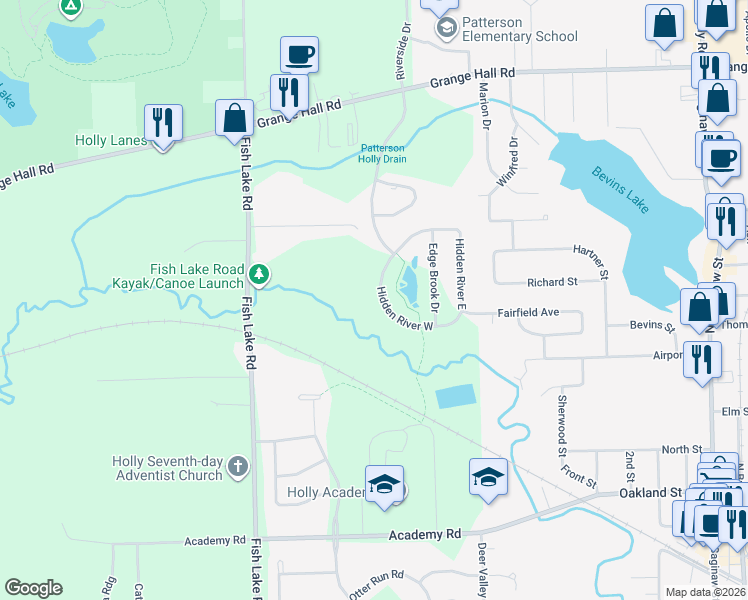 map of restaurants, bars, coffee shops, grocery stores, and more near 3114 Oak Drive in Holly