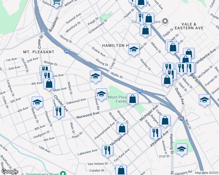 map of restaurants, bars, coffee shops, grocery stores, and more near 1121 Forest Road in Schenectady